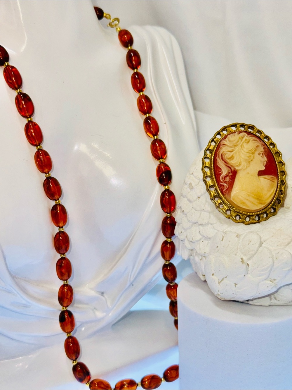 Amber Colored Beaded Necklace with a Cameo Brooch - Classic Vintage jewelry